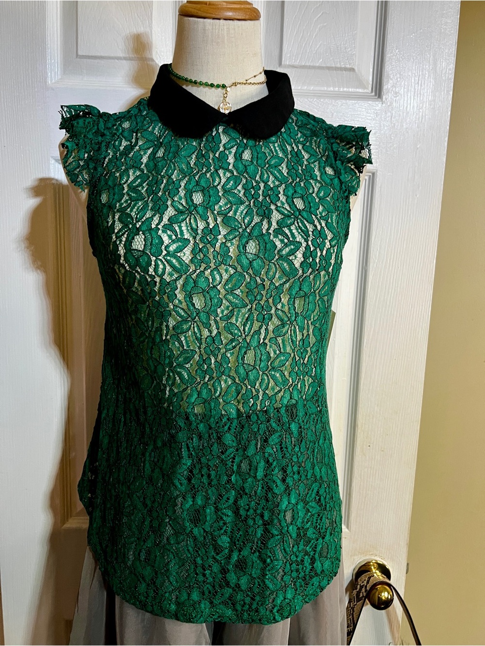 New Meraki Wms Green Floral Lace Sheer Mesh Collar Retro Preppy Feminine Top M